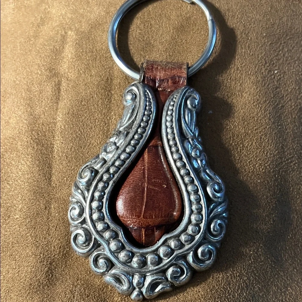 Brighton Brown Leather Key Fob with Ornate Silver-Tone Frame. HEAVY